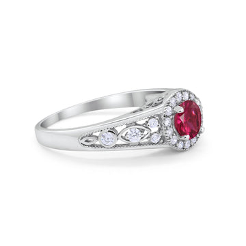 Vintage Style Engagement Ring Halo Simulated Ruby CZ 925 Sterling Silver